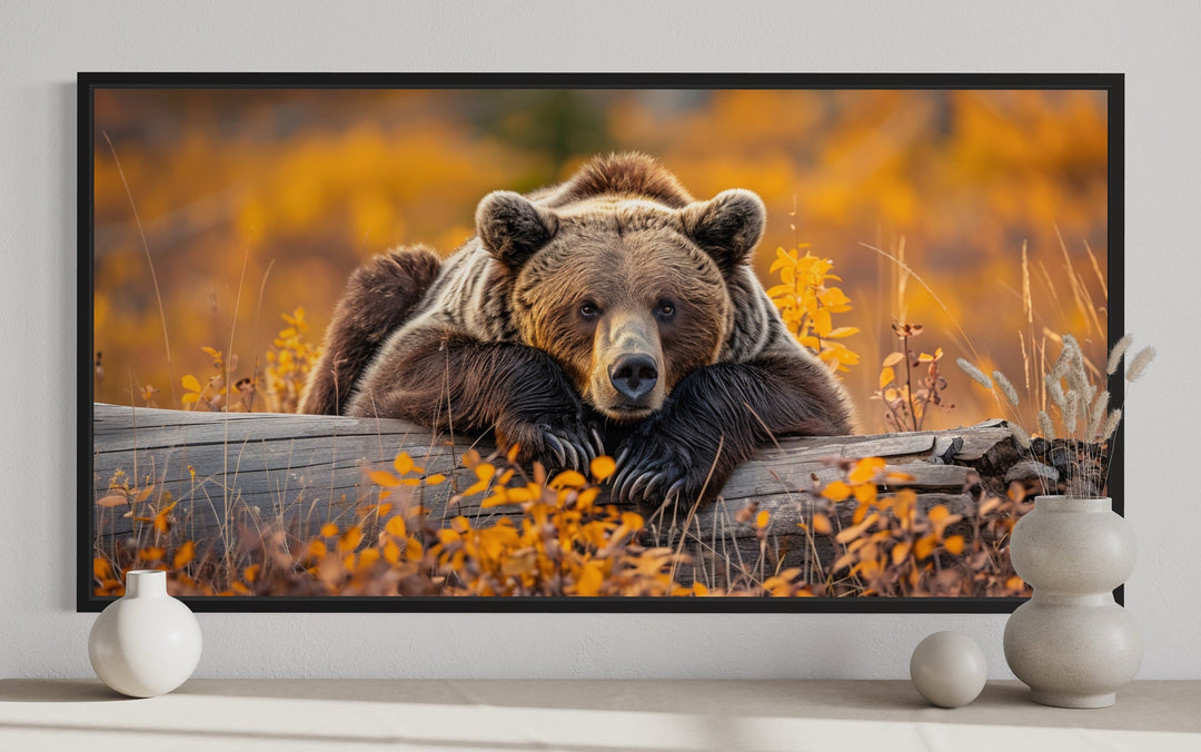 Grizzly Bear On A Log In Autumn Forest Framed Canvas Wall Art