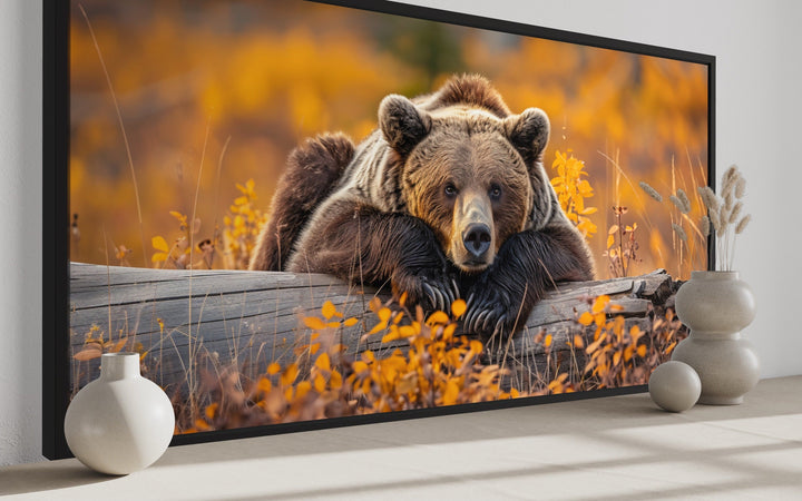 Grizzly Bear On A Log In Autumn Forest Framed Canvas Wall Art