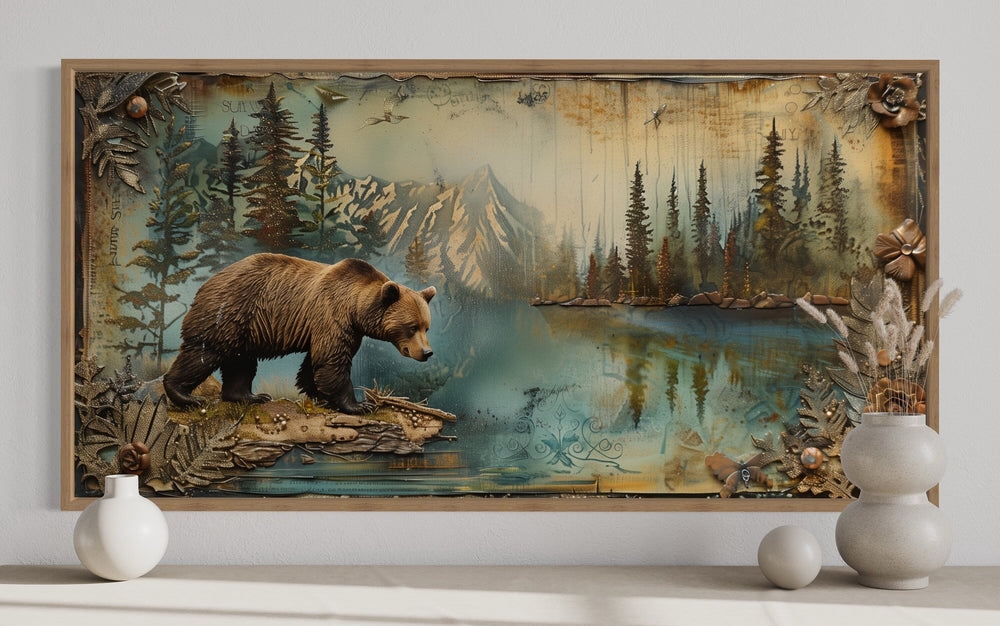 Grizzly Bear On The Lake Rustic Framed Canvas Wall Art For Cabin Decor