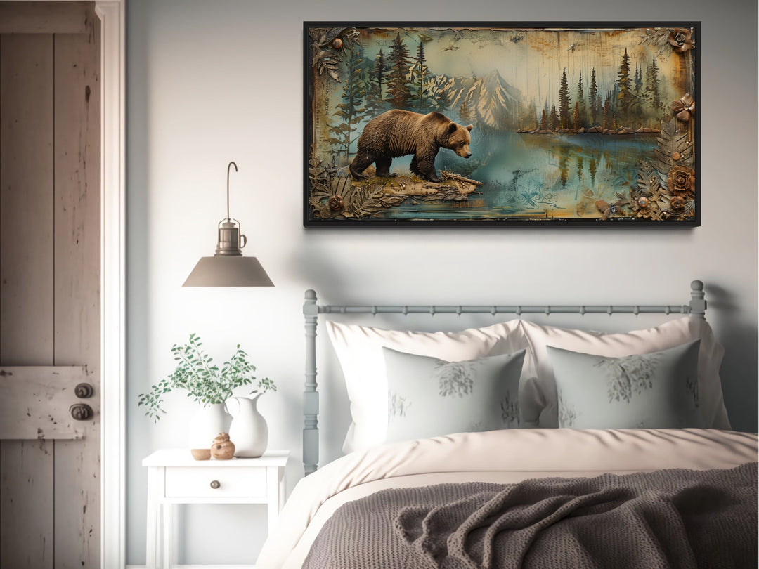 Grizzly Bear On The Lake Rustic Framed Canvas Wall Art For Cabin Decor