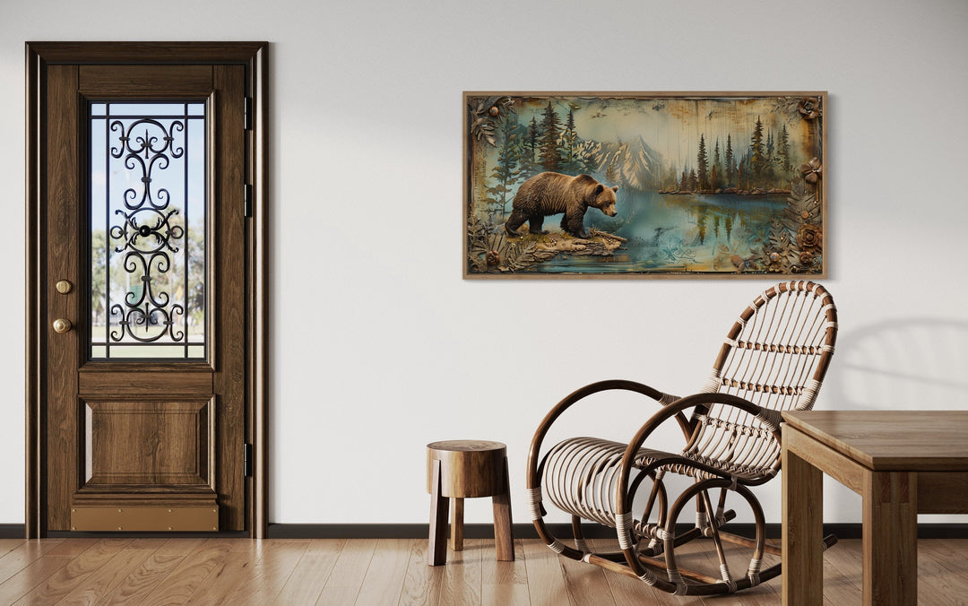 Grizzly Bear On The Lake Rustic Framed Canvas Wall Art For Cabin Decor