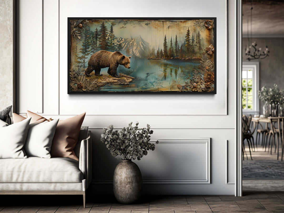 Grizzly Bear On The Lake Rustic Framed Canvas Wall Art For Cabin Decor