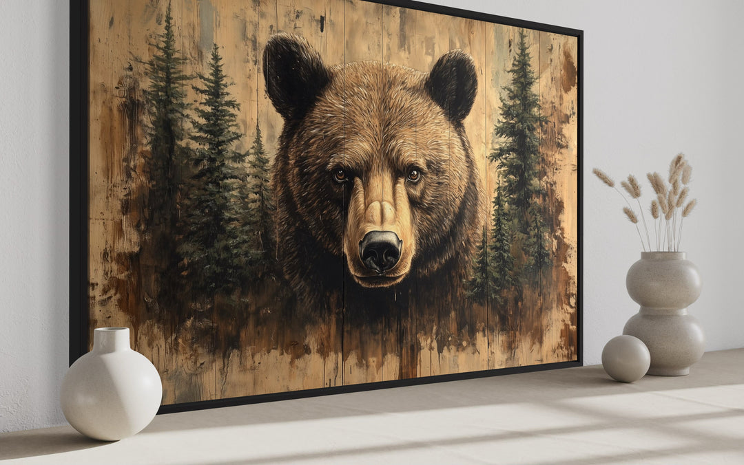 Grizzly Bear Portrait On Wood Rustic Framed Canvas Wall Art For Cabin Decor