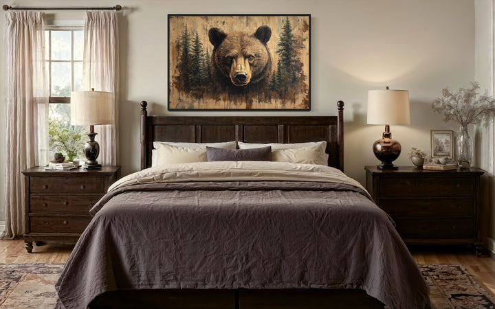 Grizzly Bear Portrait On Wood Rustic Framed Canvas Wall Art For Cabin Decor