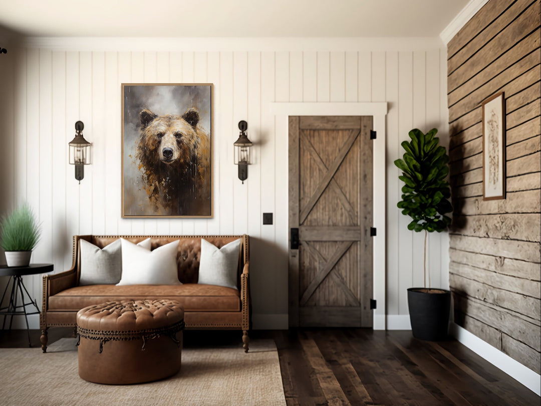 Rustic Cabin Wall Decor - Grizzly Bear Portrait Vertical Framed Canvas Wall Art