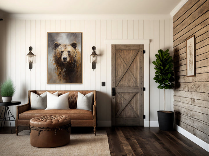 Rustic Cabin Wall Decor - Grizzly Bear Portrait Vertical Framed Canvas Wall Art