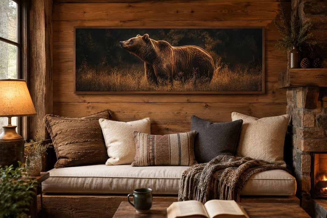 Grizzly Bear Standing in Golden Grass at Dusk, long horizontal rustic brown cabin wall art.
