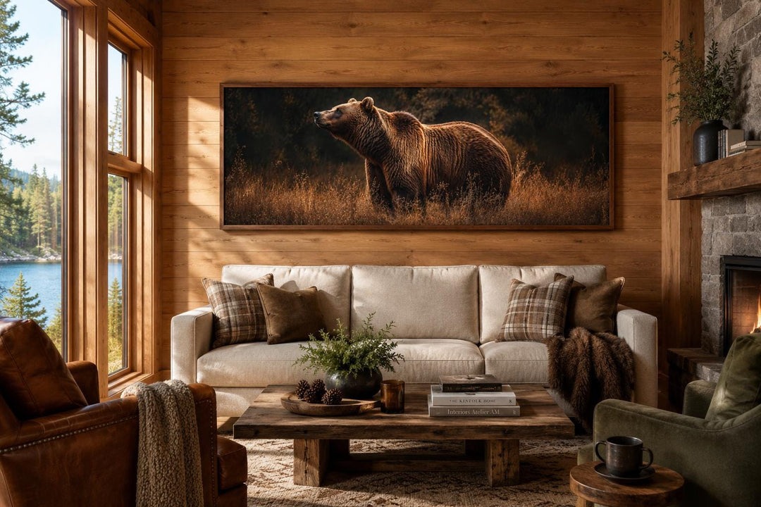 Grizzly bear standing in golden grass at dusk, rustic brown long horizontal cabin wall art.