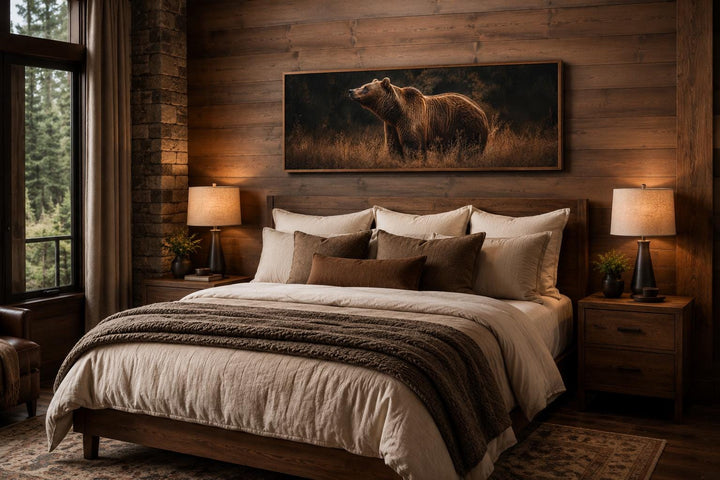 Grizzly Bear Standing in Golden Grass at Dusk, Rustic Brown Long Horizontal Cabin Wall Art