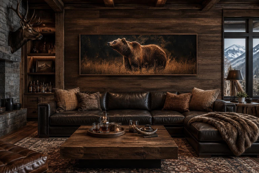 Grizzly bear standing in golden grass at dusk, long horizontal rustic brown cabin wall art.