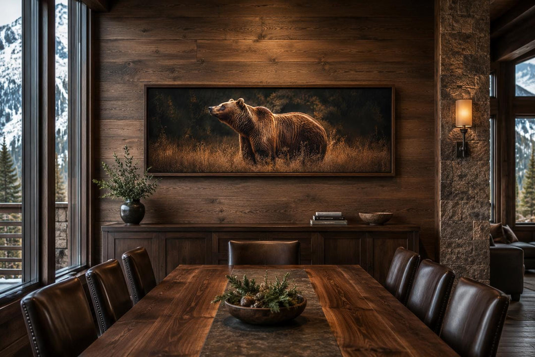 Grizzly bear standing in golden grass at dusk, long horizontal rustic brown cabin wall art.