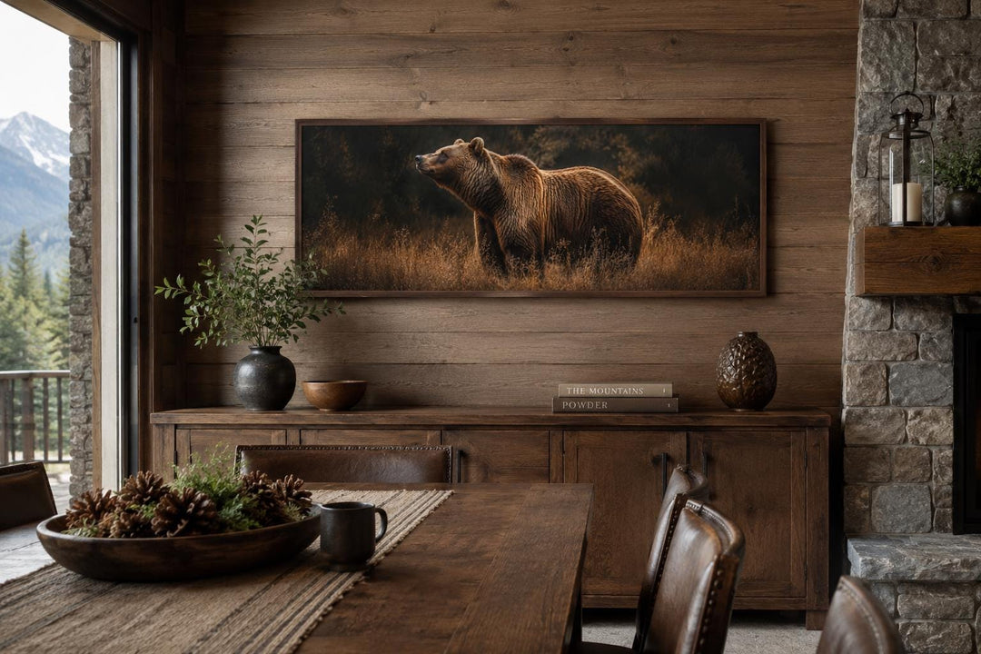 Grizzly Bear Standing in Golden Grass at Dusk, Rustic Brown Long Horizontal Cabin Wall Art