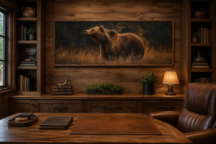 Grizzly bear standing in golden grass at dusk, long horizontal rustic brown cabin wall art.