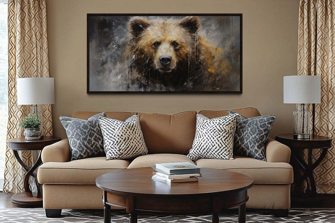 Grizzly Bear Wall Art – Extra Large Abstract Wildlife Canvas for Rustic Cabin Decor