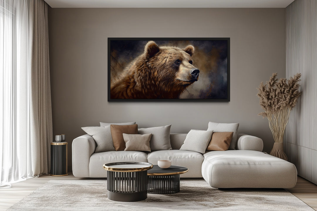 Extra large framed canvas of a grizzly bear in a modern living room with rustic lodge decor.