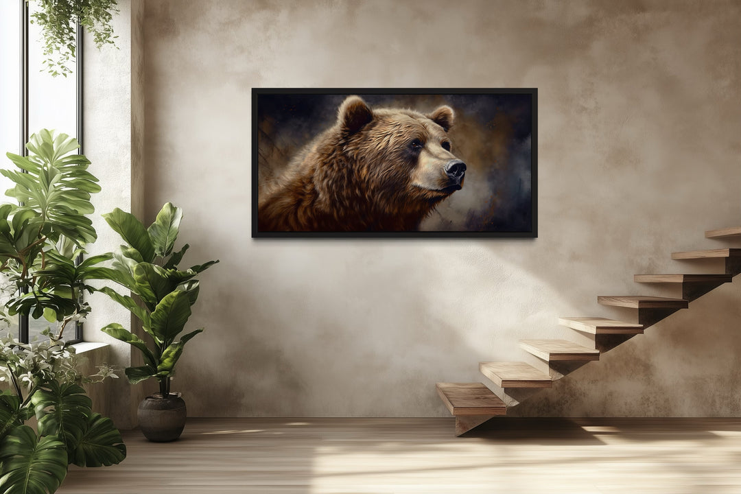 Extra large framed canvas of a grizzly bear on a rustic wall above wooden floating stairs.