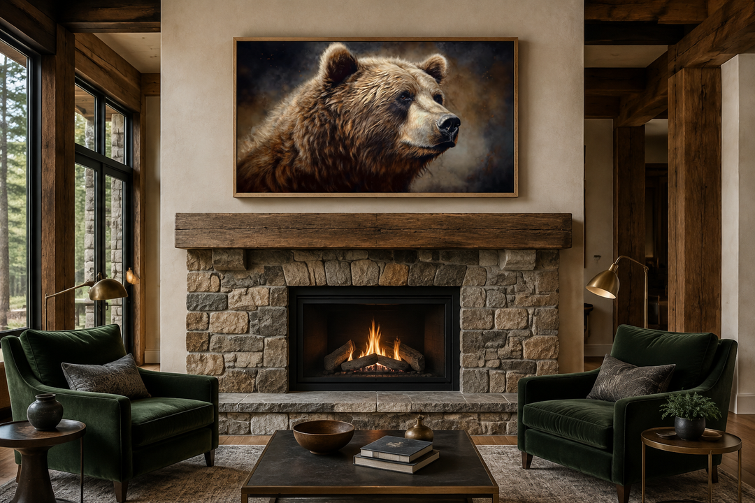 Extra large framed grizzly bear canvas wall art hanging above a stone fireplace in a rustic lodge.