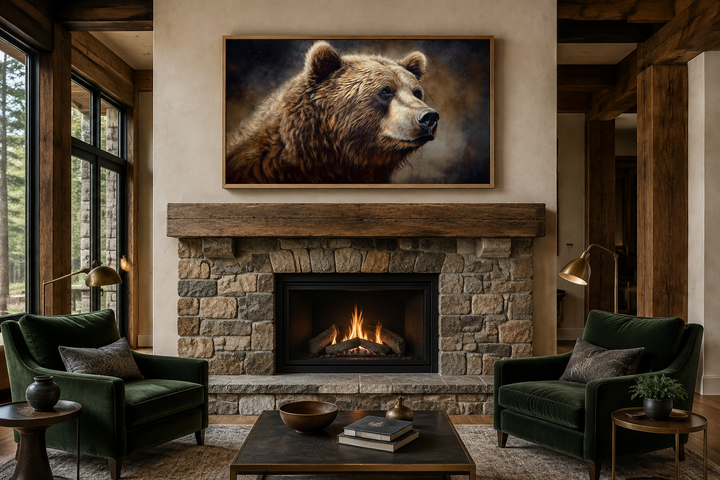 Extra large framed grizzly bear canvas wall art hanging above a stone fireplace in a rustic lodge.