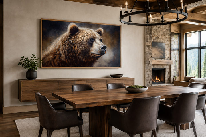 Extra large framed grizzly bear canvas wall art in a rustic dining room above a wooden sideboard.