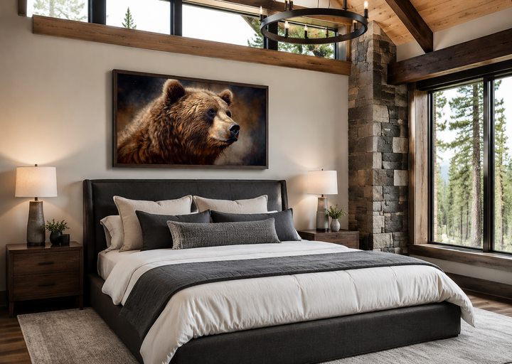 Extra large framed grizzly bear canvas wall art above a bed in a rustic lodge-style bedroom.