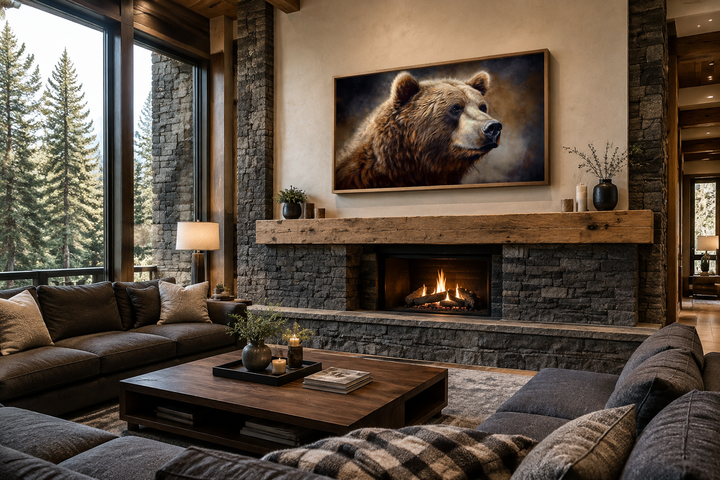 Extra large framed grizzly bear canvas wall art displayed above a rustic stone fireplace.
