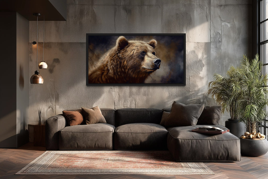 Extra large framed grizzly bear canvas wall art above a brown sofa in a rustic lodge-style room.