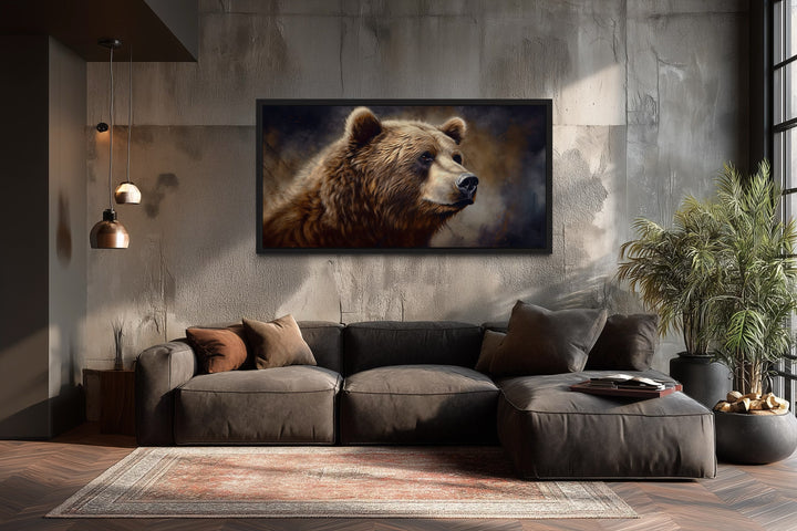 Extra large framed grizzly bear canvas wall art above a brown sofa in a rustic lodge-style room.