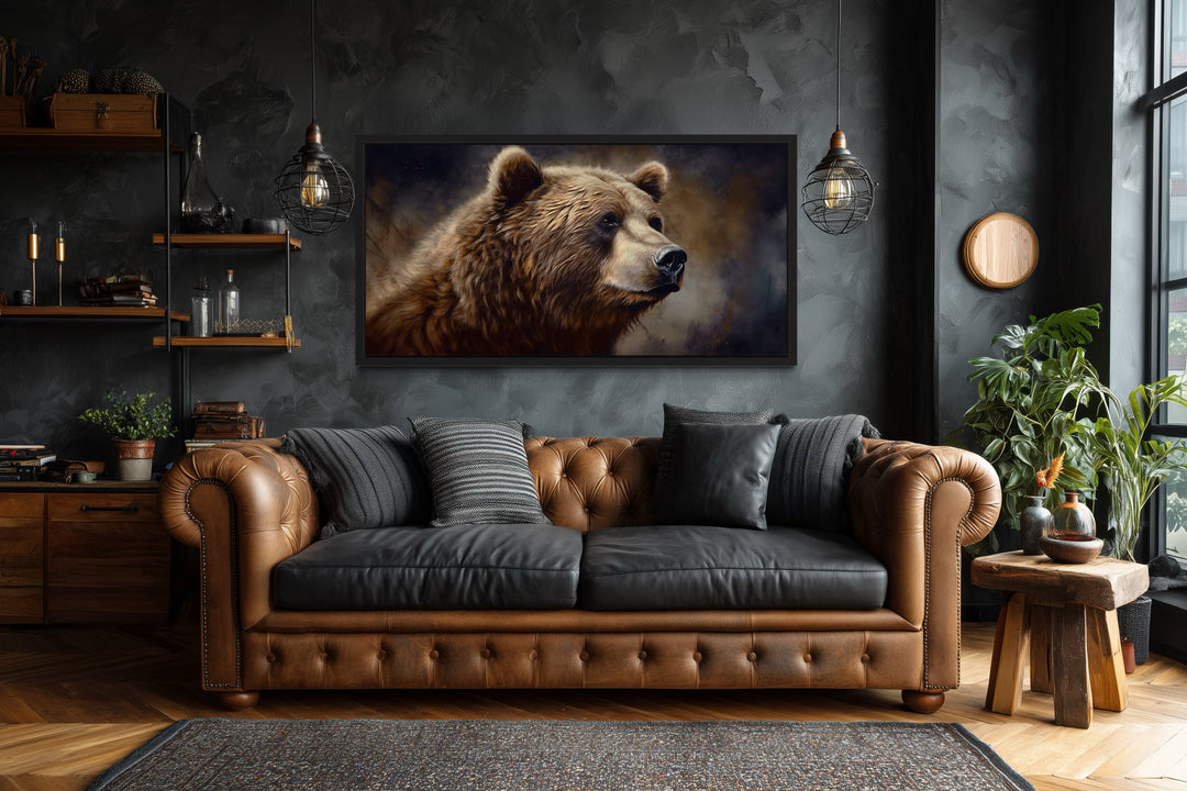 Extra large framed grizzly bear canvas wall art in a rustic lodge-style living room.