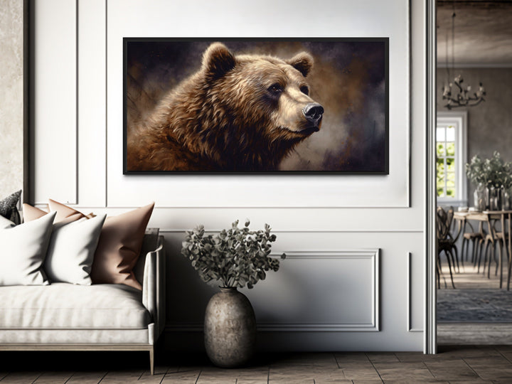 Extra large framed canvas of a grizzly bear in a rustic lodge-style living room.