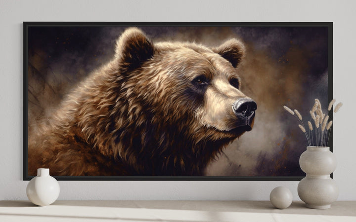 Extra large framed canvas of a grizzly bear portrait for rustic lodge wall decor.