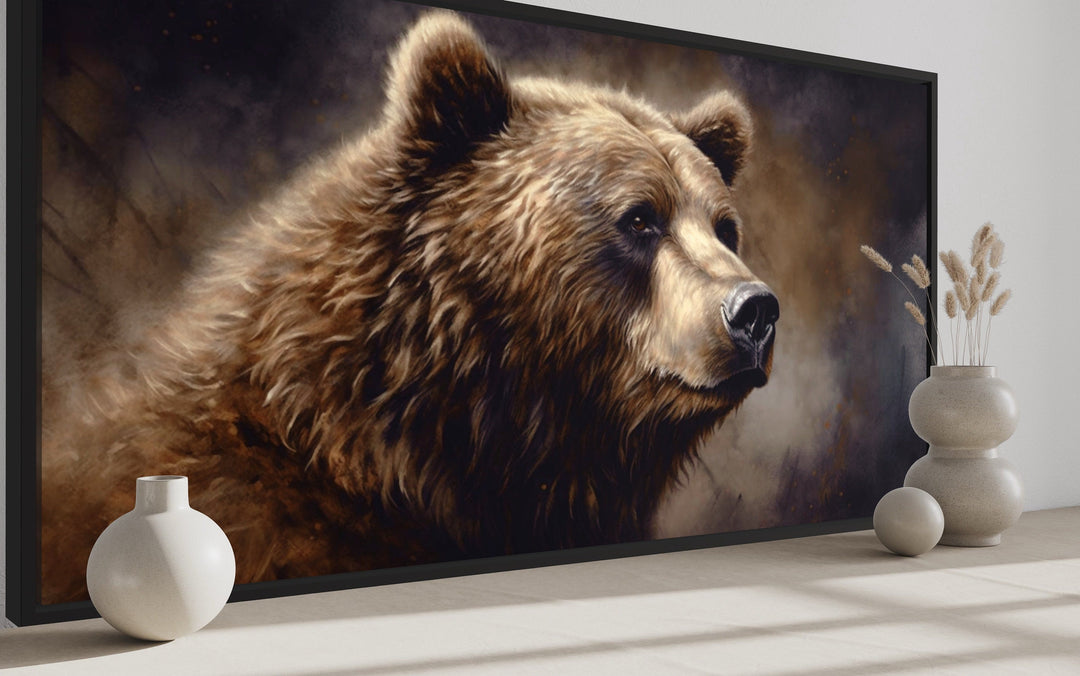 Extra large framed canvas wall art featuring a realistic grizzly bear portrait in a rustic style.