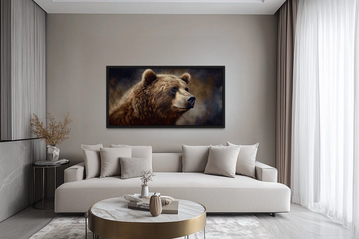 Extra large framed canvas of a grizzly bear in a modern living room with a rustic lodge aesthetic.