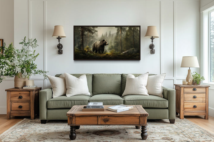 Grizzly Bear Wall Art – Rustic Cabin Canvas Print | Foggy Forest Wildlife Decor