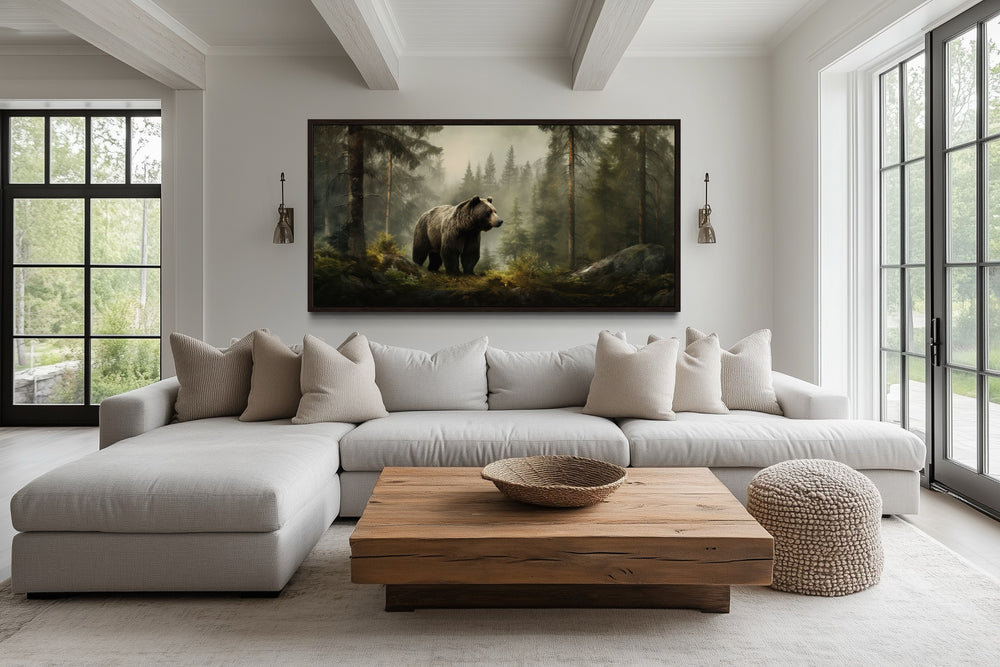 Grizzly Bear Wall Art – Rustic Cabin Canvas Print | Foggy Forest Wildlife Decor