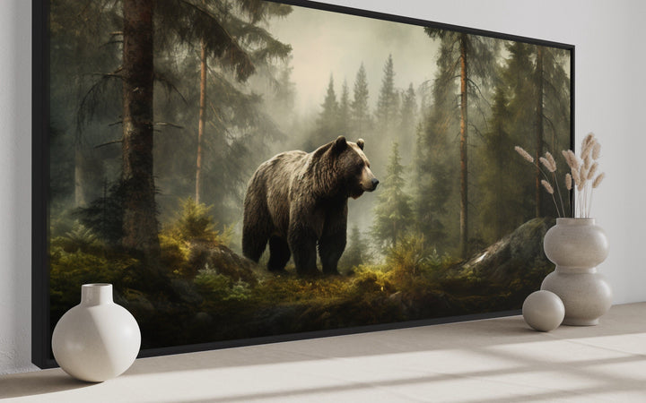 Grizzly Bear Wall Art – Rustic Cabin Canvas Print | Foggy Forest Wildlife Decor