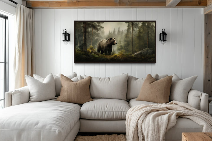 Grizzly Bear Wall Art – Rustic Cabin Canvas Print | Foggy Forest Wildlife Decor
