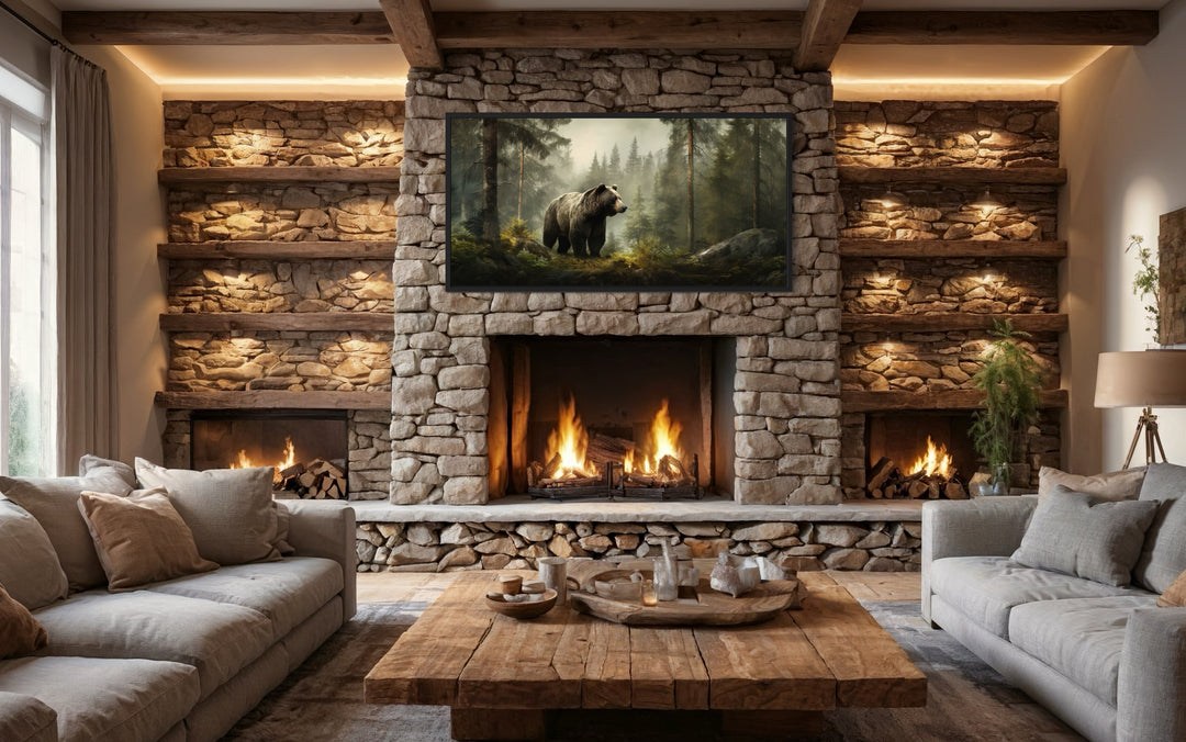 Grizzly Bear Wall Art – Rustic Cabin Canvas Print | Foggy Forest Wildlife Decor