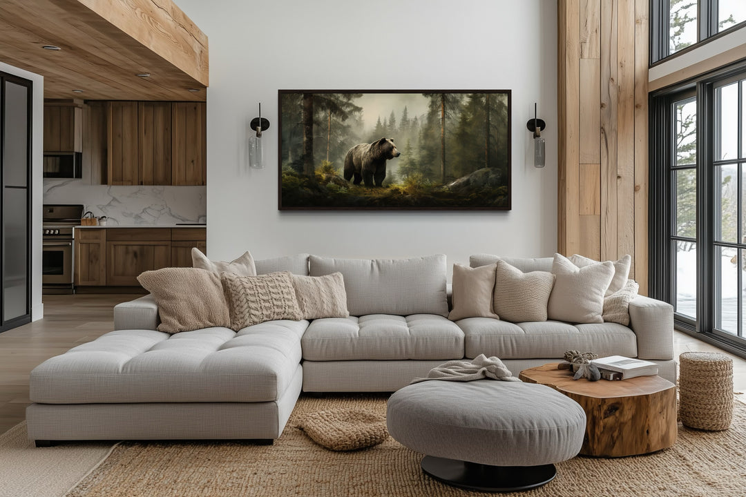 Grizzly Bear Wall Art – Rustic Cabin Canvas Print | Foggy Forest Wildlife Decor