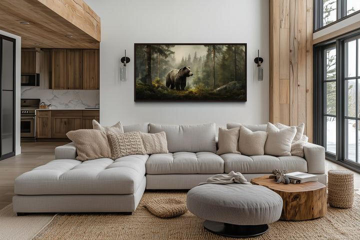 Grizzly Bear Wall Art – Rustic Cabin Canvas Print | Foggy Forest Wildlife Decor