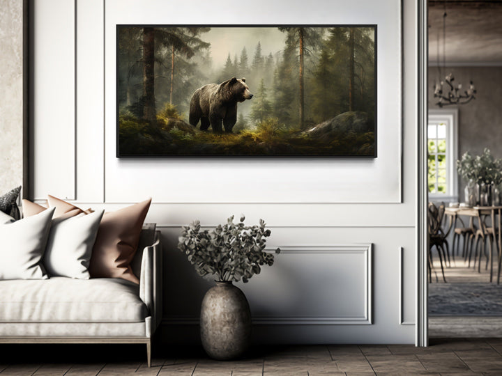 Grizzly Bear Wall Art – Rustic Cabin Canvas Print | Foggy Forest Wildlife Decor