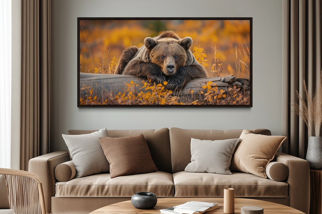 Grizzly Bear Wall Art - Rustic Cabin Canvas Print With Autumn Forest Colors