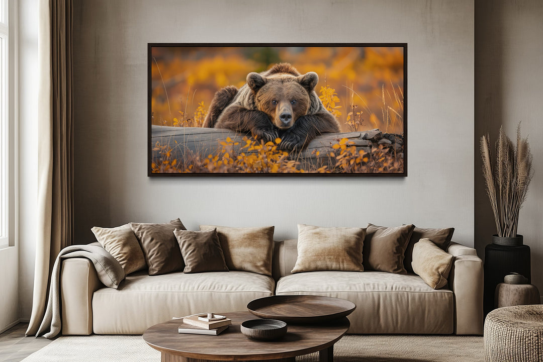 Grizzly Bear Wall Art - Rustic Cabin Canvas Print With Autumn Forest Colors