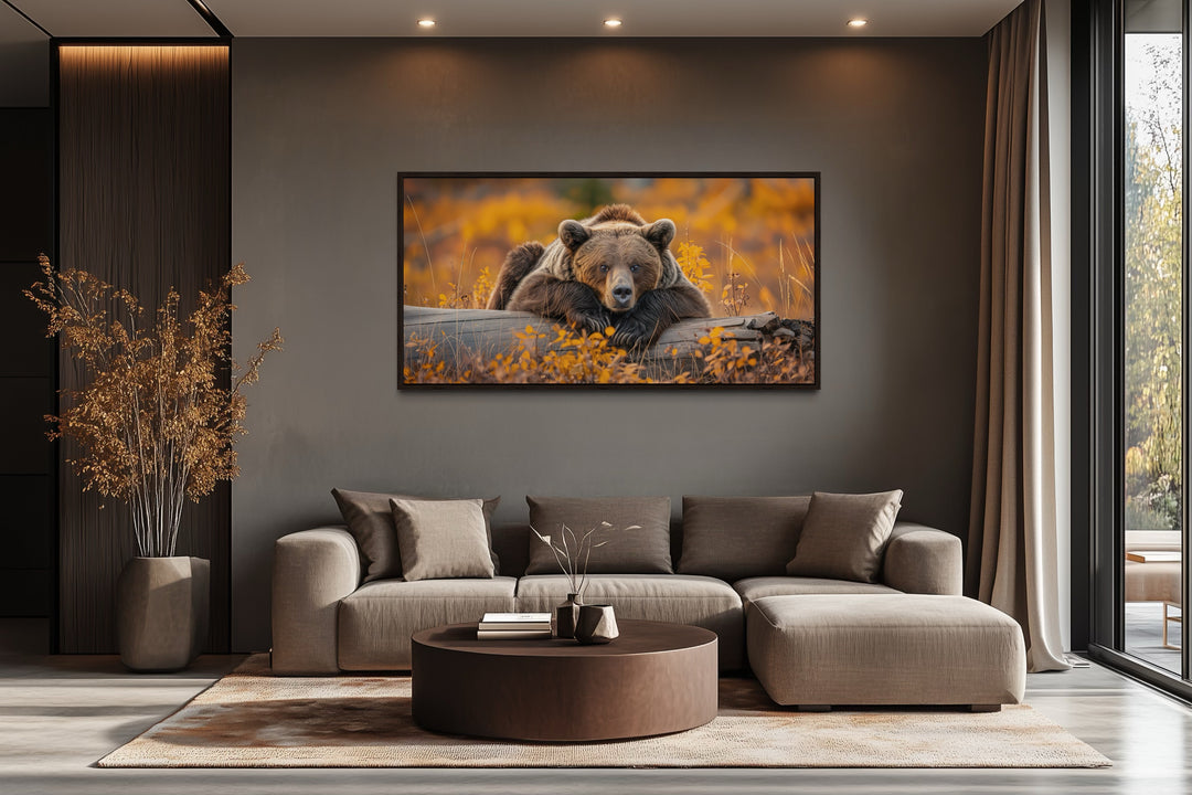 Grizzly Bear Wall Art - Rustic Cabin Canvas Print With Autumn Forest Colors