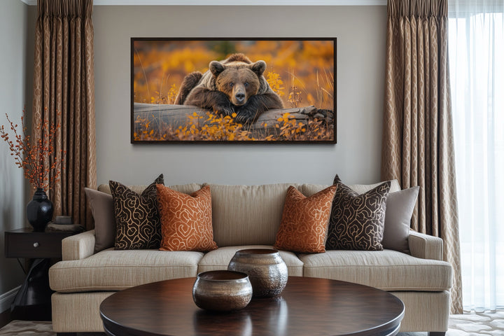 Grizzly Bear Wall Art - Rustic Cabin Canvas Print With Autumn Forest Colors