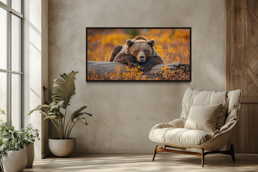 Grizzly Bear Wall Art - Rustic Cabin Canvas Print With Autumn Forest Colors