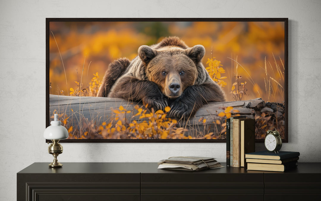Grizzly Bear Wall Art - Rustic Cabin Canvas Print With Autumn Forest Colors