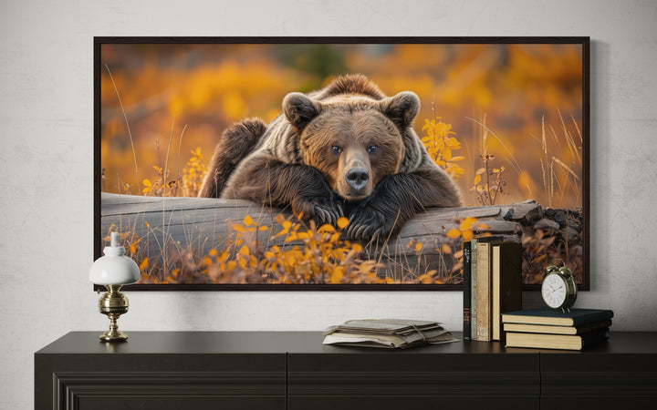Grizzly Bear Wall Art - Rustic Cabin Canvas Print With Autumn Forest Colors