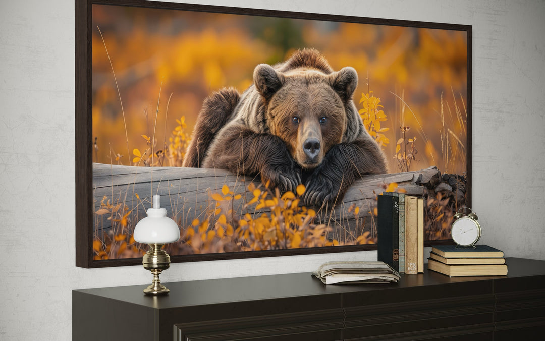 Grizzly Bear Wall Art - Rustic Cabin Canvas Print With Autumn Forest Colors