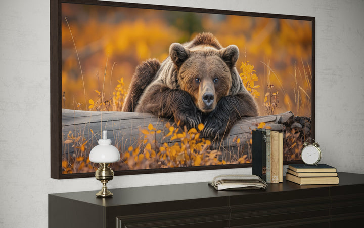 Grizzly Bear Wall Art - Rustic Cabin Canvas Print With Autumn Forest Colors