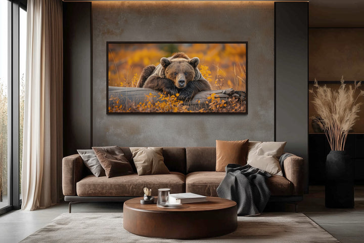 Grizzly Bear Wall Art - Rustic Cabin Canvas Print With Autumn Forest Colors